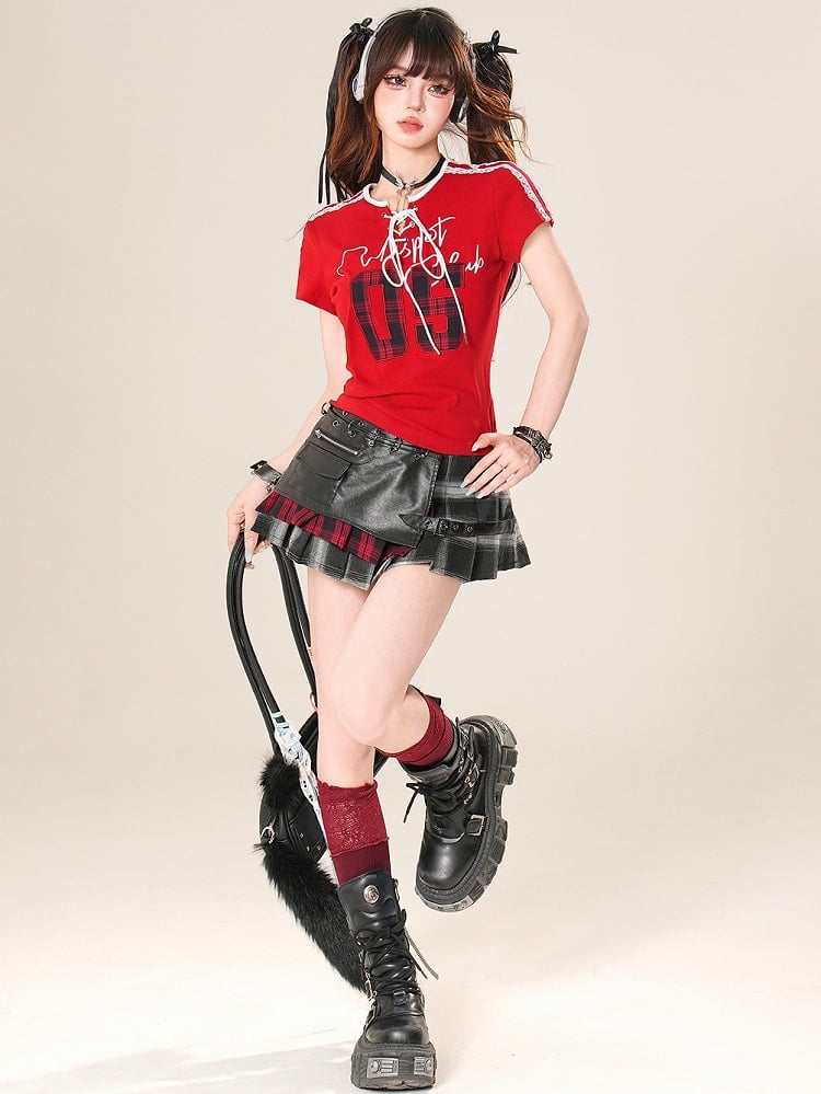 Applique T-shirt Core Plaid Red Detail Lace-up Pattern Trim Blokette Lace Number
