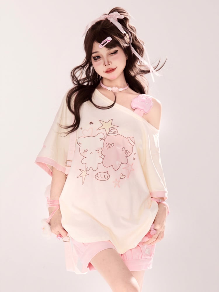 Asymmetrical Neckline T-shirt Cartoon Kitty Print Pink/Blue/Black