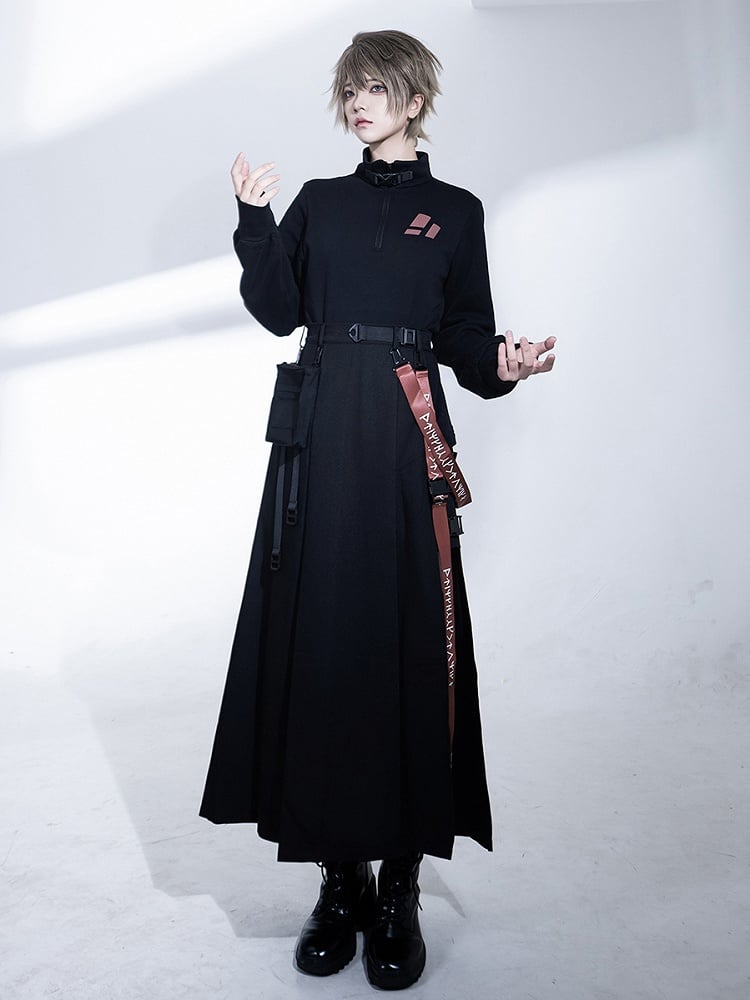 Collar Techwear Black Pullover Ouji Buckle Zip and Top