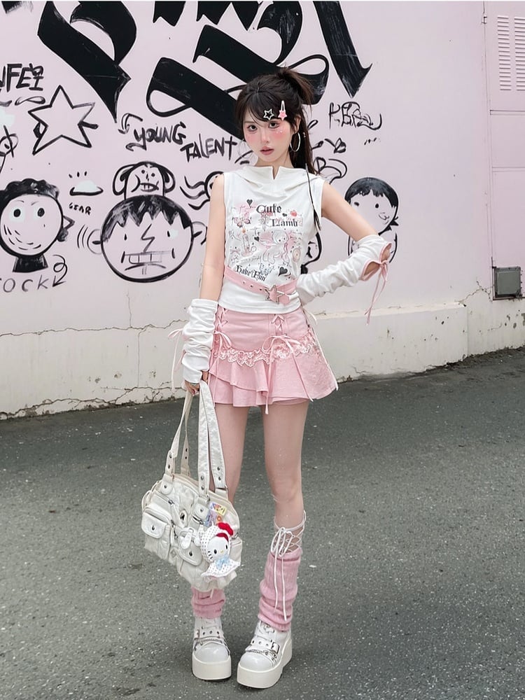 Tiered Skirt with Lace-up Details Pink Y2K Asymmetrical Kawaii Yume