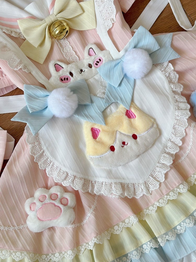 Apron Maid Kitty Pastel Heart Sailor Dress Collar Color with Lolita Sweet