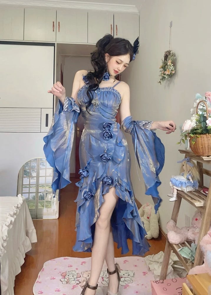 Blue Dress Rosette Evening Mermaid with Flounce Sleeves Detachable Gown