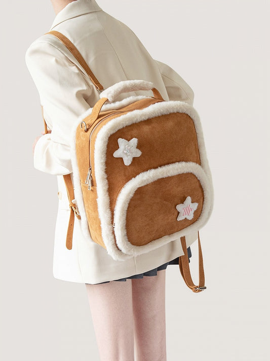 Warmy Large-Sized Brown Backpack With Plush Trim Style In Kawaii