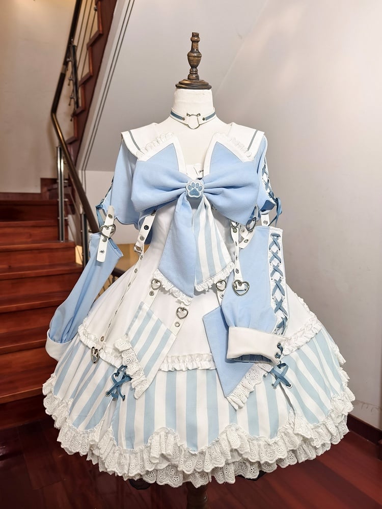 Kitty Light Bow Kaiwai Set Blue JSK Dress Cropped Tenshi Lolita Sailor Striped Big Top Pattern Ears + - Collar