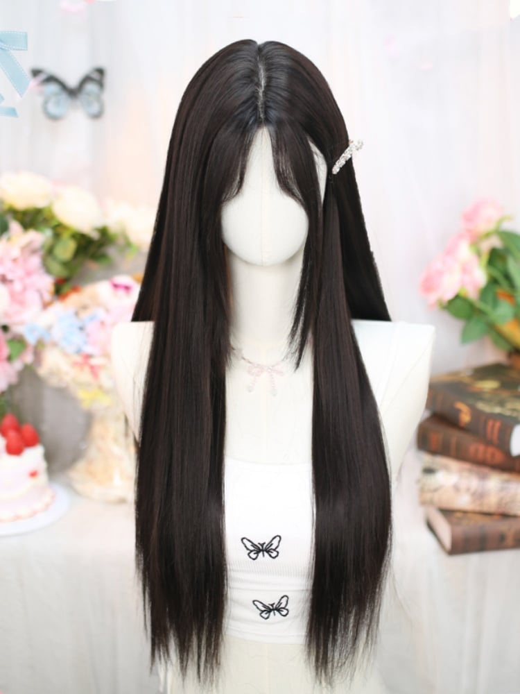 Schwarze, glatte Perücke mit 60–70 cm Länge und Vorhangpony