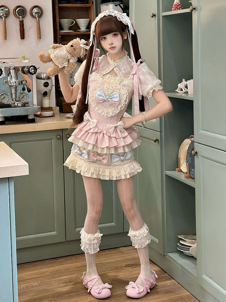 Skirt Lolita + Accents Puff Pink Full Sleeves and Set Cami Sweet - Top Cropped Bow Blue