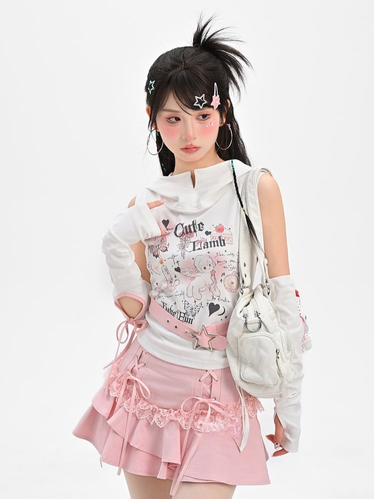 Tiered Skirt with Lace-up Details Pink Y2K Asymmetrical Kawaii Yume