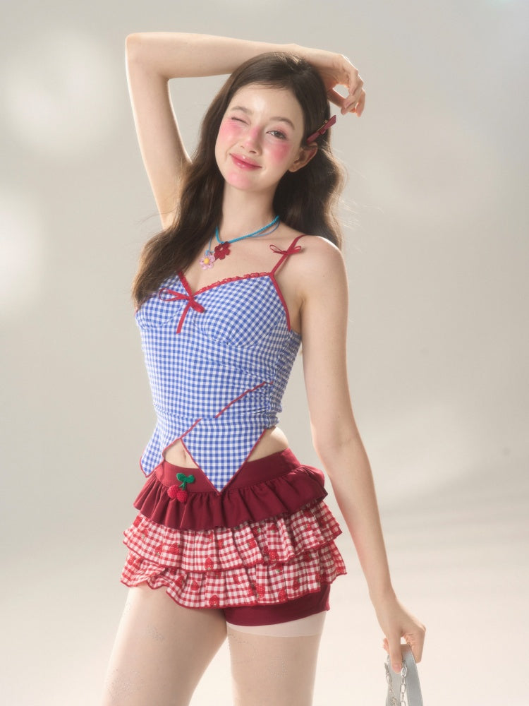 ダークブルーのチェック柄アシンメトリーヘムキャミソールトップス