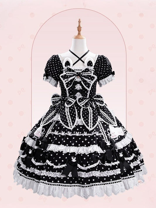 Sweet Bunny Square Ears Version Neckline Gorgeous Dress Pattern Lolita Polka Black Plush Dots