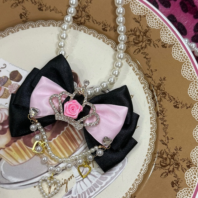 Rhinestone Beaded Heart Black/Pink Crown And Pendant Necklace Bowknot Decorated