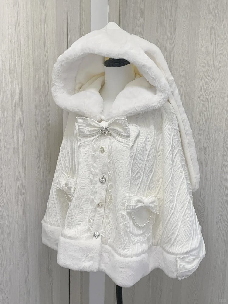 Hood Plush Cape Design Jirai Kei Beige Bunny Ears Bowknots Detachable