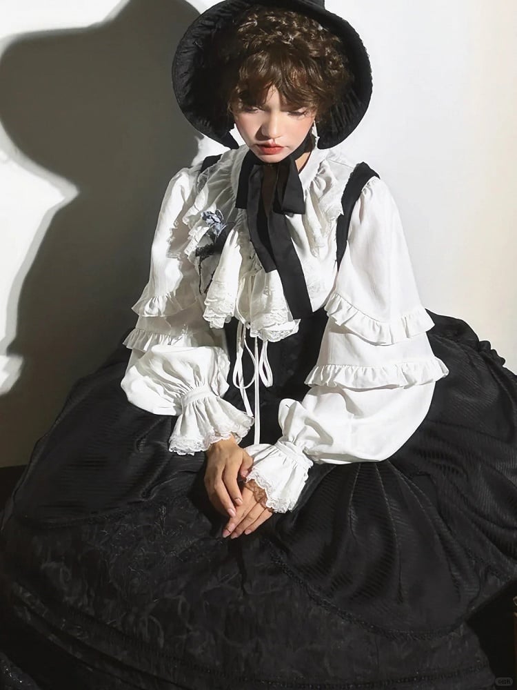 Detail Lolita with Under Bust Dress Embroidery Gothic Waist Black Boned
