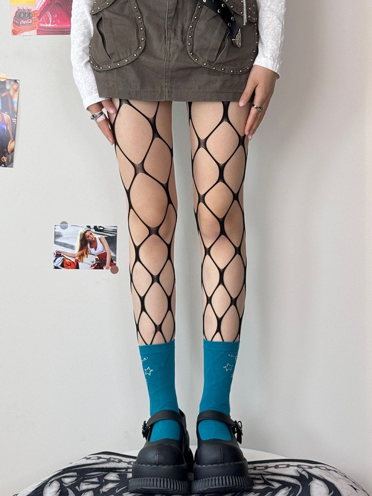 Tights Cut-out Black/Rose Red Fishnet Design Y2K
