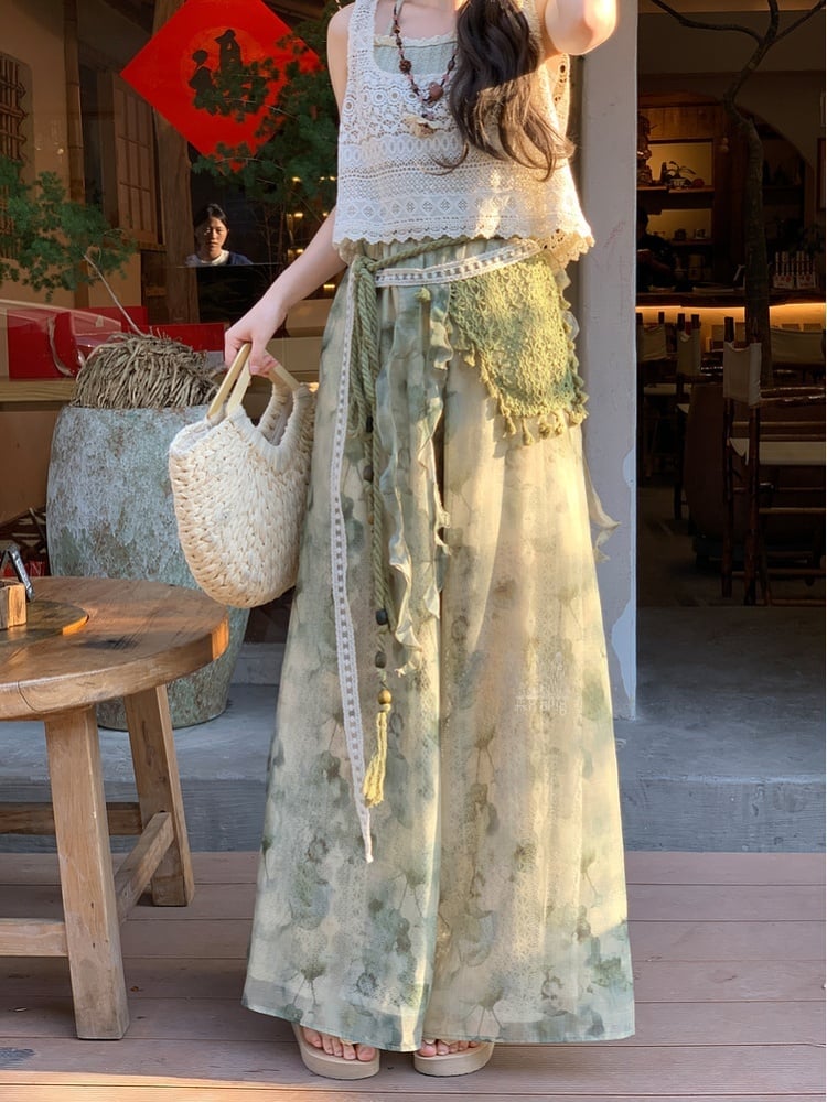 Accessory Dye Wide-Leg Pants Version Detachable with Regular/Short Knitted Mori Kei Green Tie