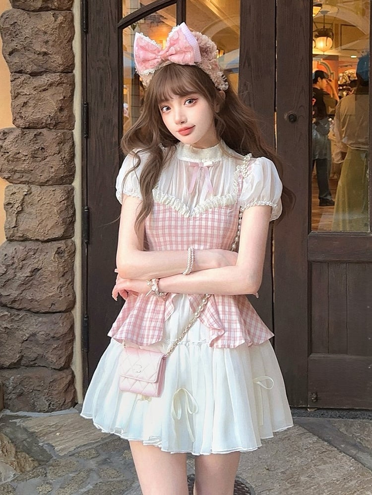 Mit zweiteiligem Faux Pink Kleid Muster Plaid Weiß