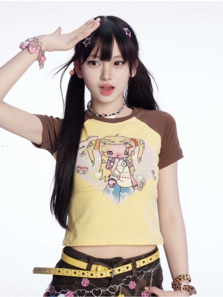 Y2K Gelbes Colorblock-Design T-Shirt mit Cartoon-Print, schmale Passform