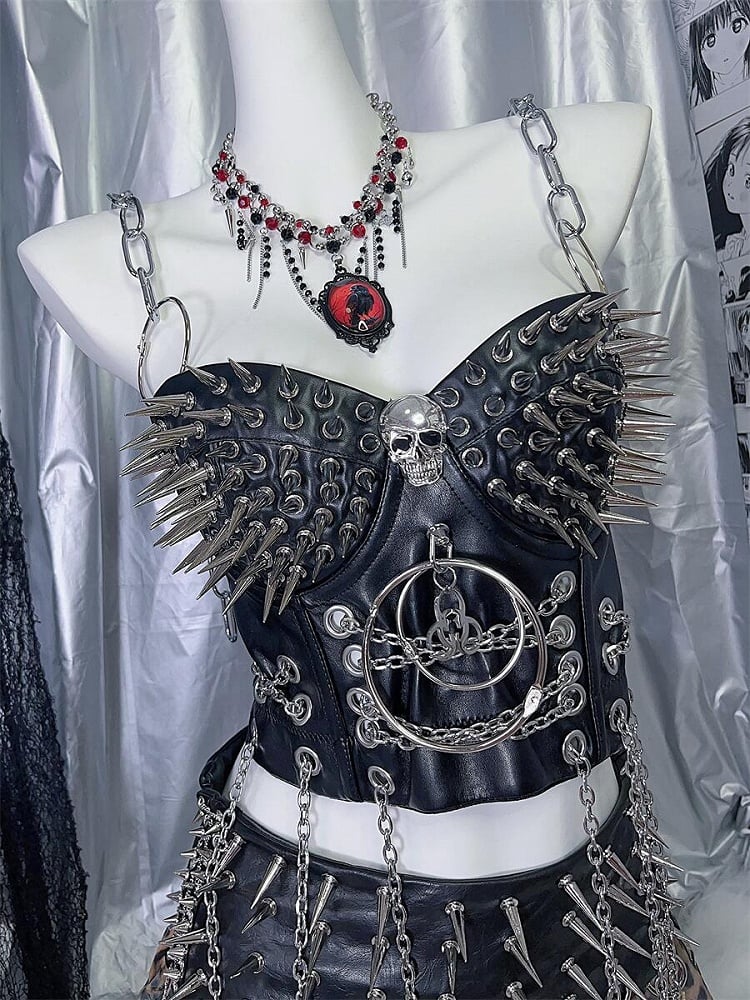 Black Y2K Stud Details PU Punk Top