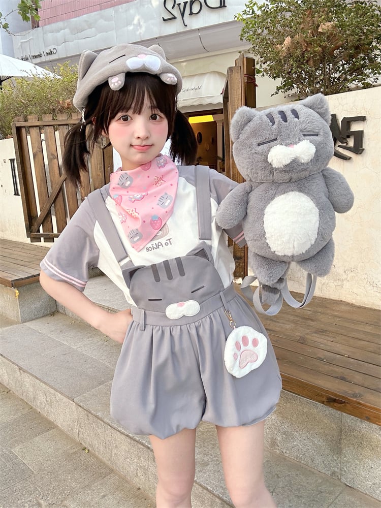 Shorts Bubble Overalls Adorable Kitty Pattern Gray