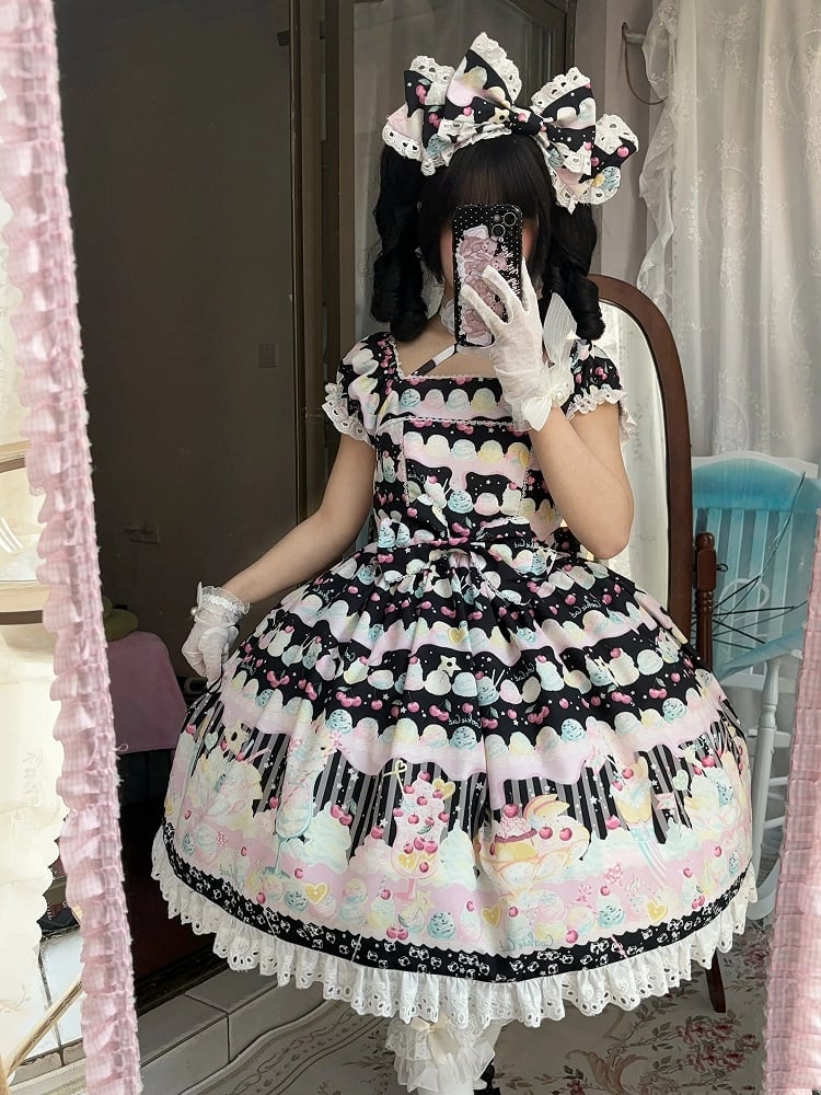 Cherry and Ice Cream Black Summer Sweet Lolita Dress