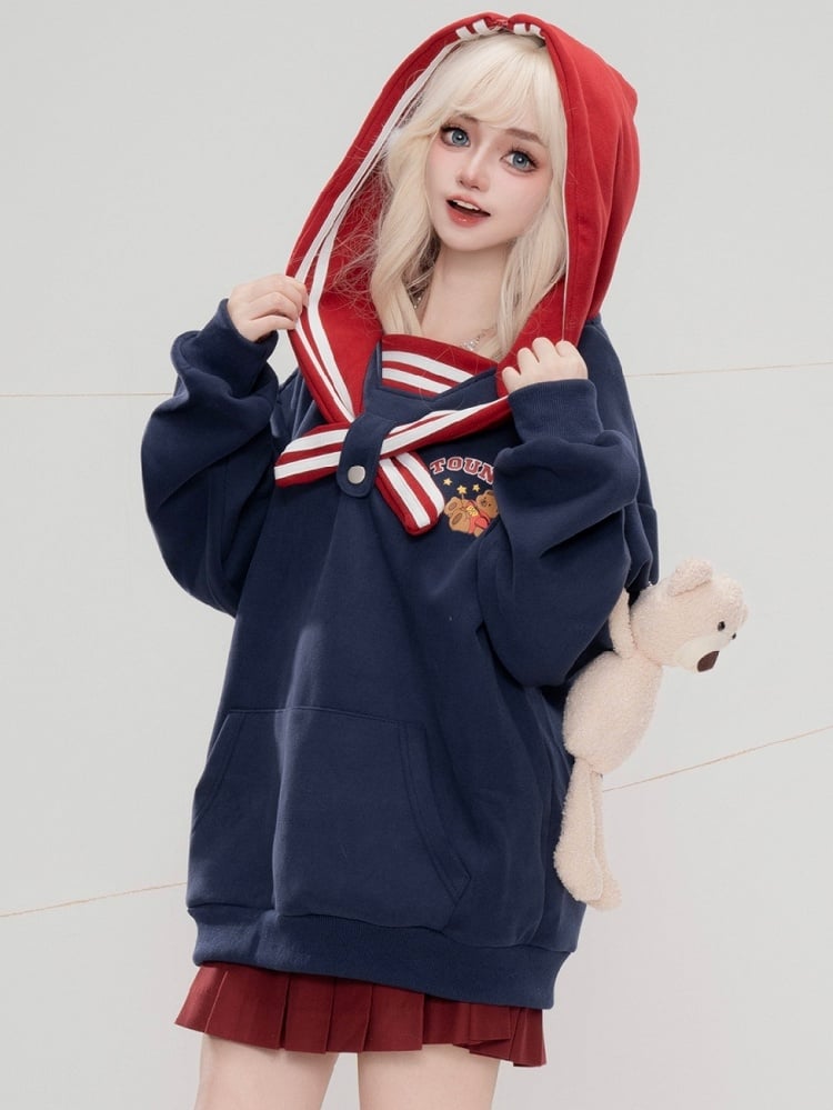 Hellgelb/Weiß/Marineblauer süßer Bären-Plüsch-Kapuzenpullover mit Matrosenkragen