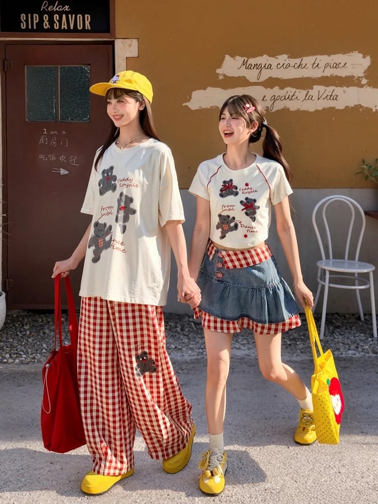 Wide-Leg Pants Version Short/Long Red and White Plaid Bear Print