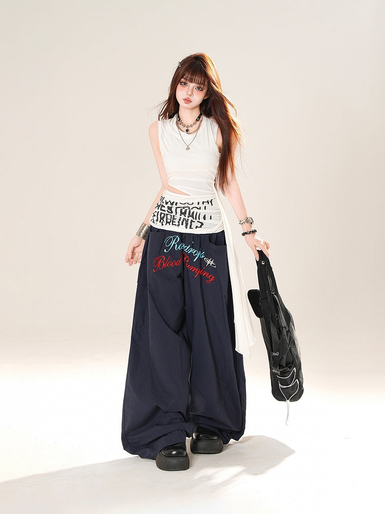 Navy Blue Drawstring Waist Letter Embroidery Wide-leg Casual Pants
