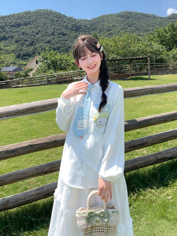 白い花柄ボタンの子犬柄ポケットシャツ(ネクタイ付き)