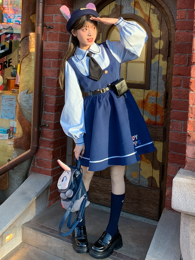 Zootopia Judy, zweiteiliges Kleid im Preppy-Stil, Marineblau, mit kostenloser Gürteltasche