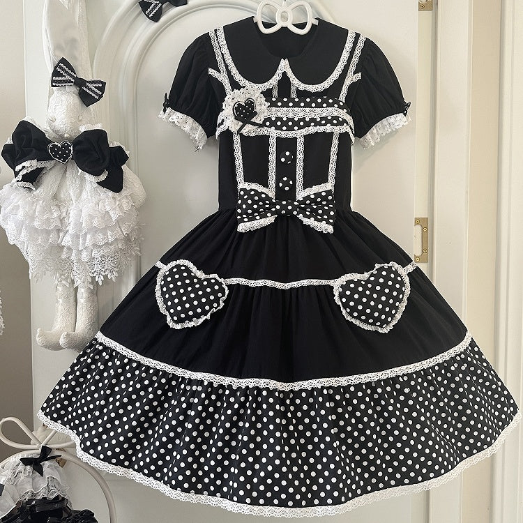 Dress School Polka Old Black Cotton White Dots Lolita