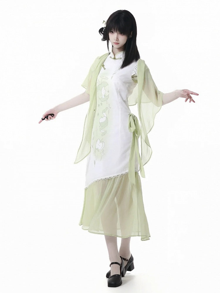 Banded Dress Qipao Collar Apple Print Cheongsam Style Buttons Green Knot