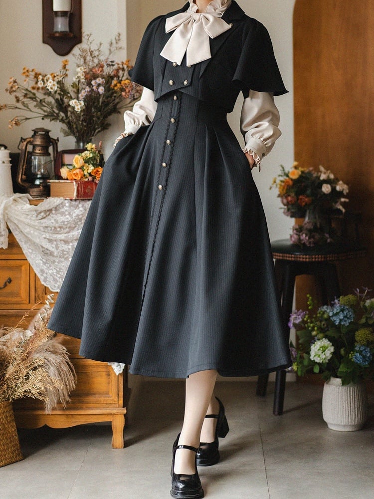 ブラックのエレガントなヴィンテージボーン入りハイウエストミディ丈ストライプ生地ロリータスカート