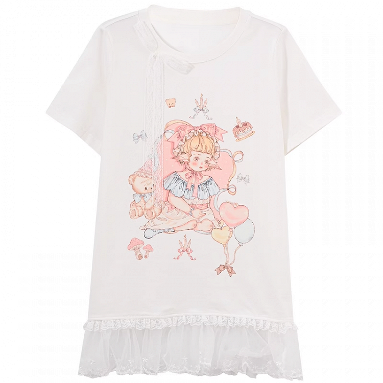 Rosa/weißes T-Shirt mit Spitzenbesatz und süßem Rundhalsausschnitt