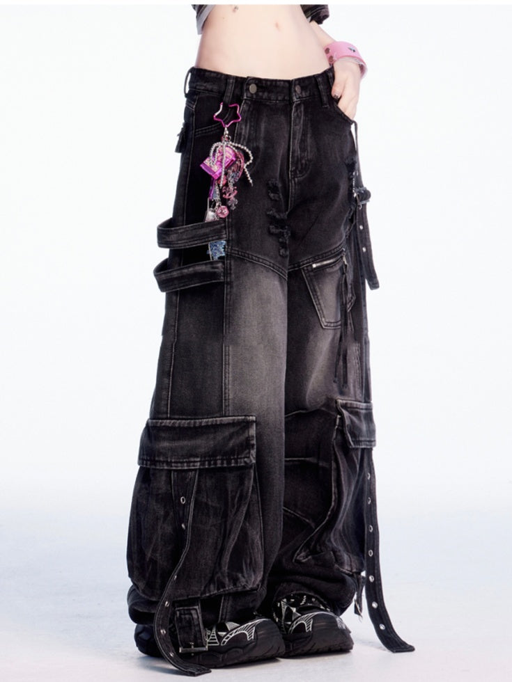 Jeans Rise Faded Wash Distressed Holes Wide-leg Cargo Black Low