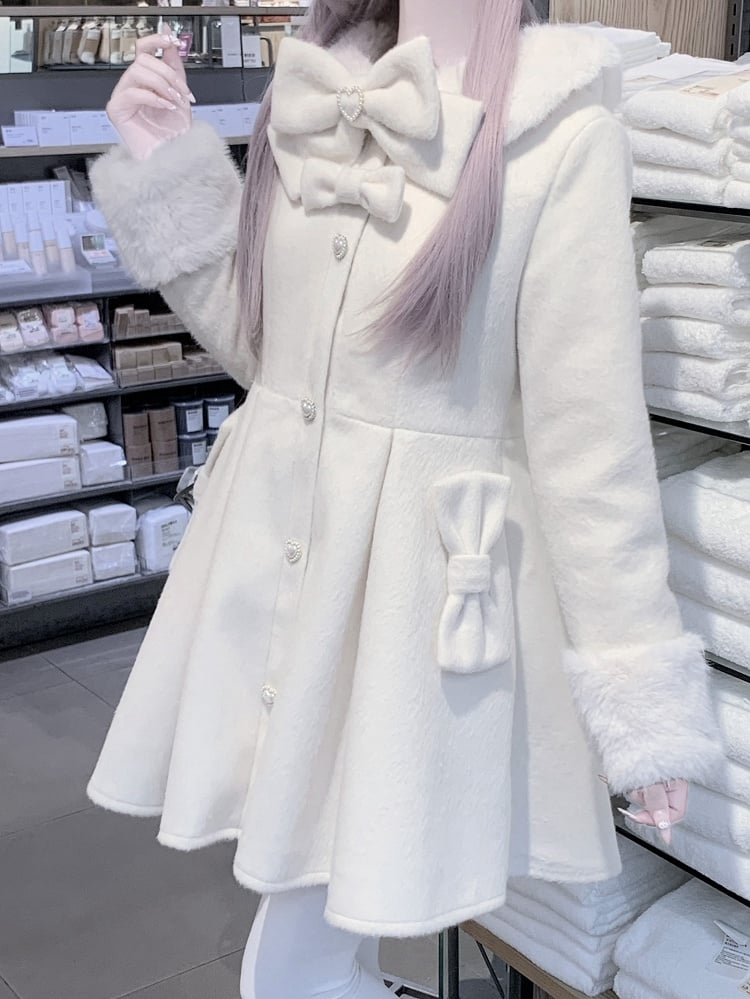 Bowknot Jirai Beige Kei Details Collar and Decorated Plush Cuffs Coat Beaded