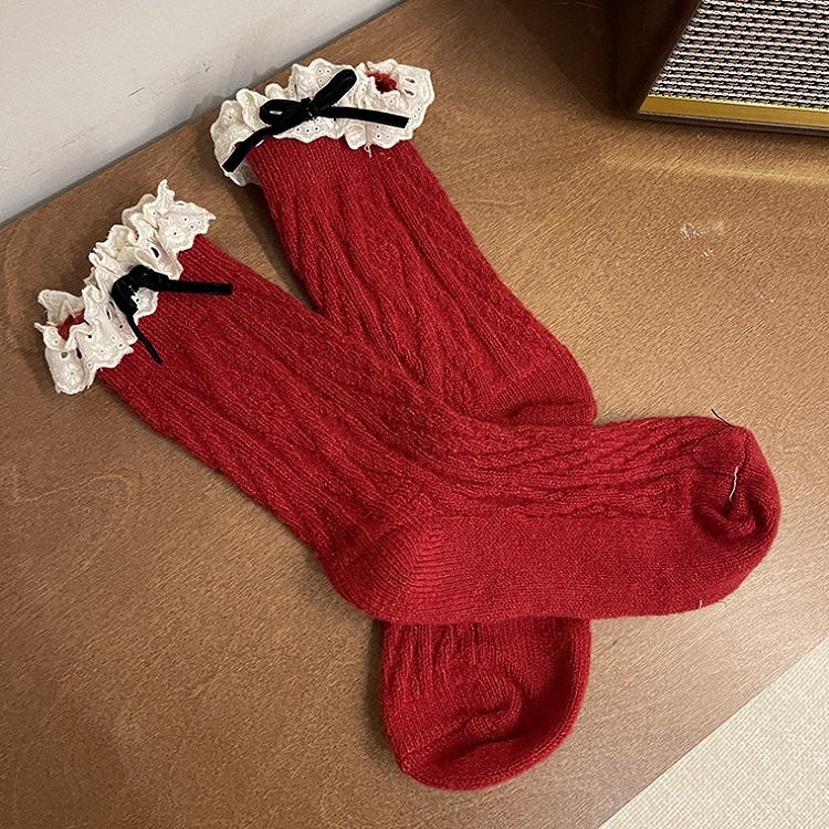 Chaussettes mollet à nœud et bordure en dentelle rouge