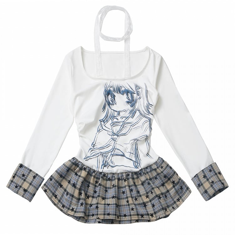 Design Top Round Neck Anime Girl Print Star White/Red Plaid Patchwork Pattern