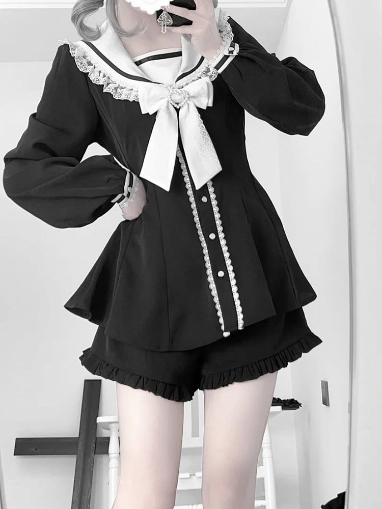 Black White Kei + Ears Bow Mini Dress + Ruffle Hem Shorts Jirai and Back Tie Sailor Collar Bunny Design Set-