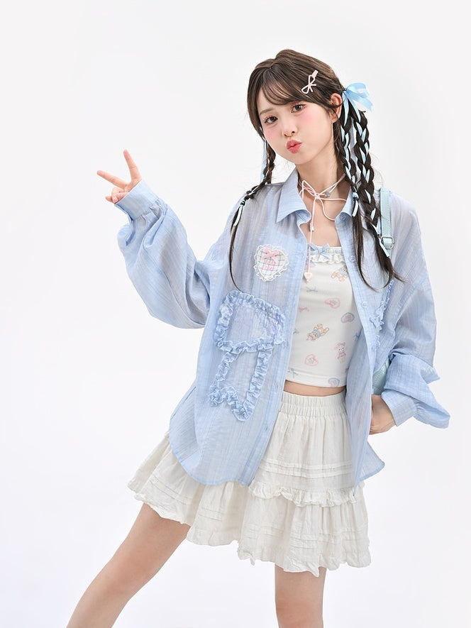 White Lace Trim Neckline Cropped Cute Bear Print Ruffled Cami Top