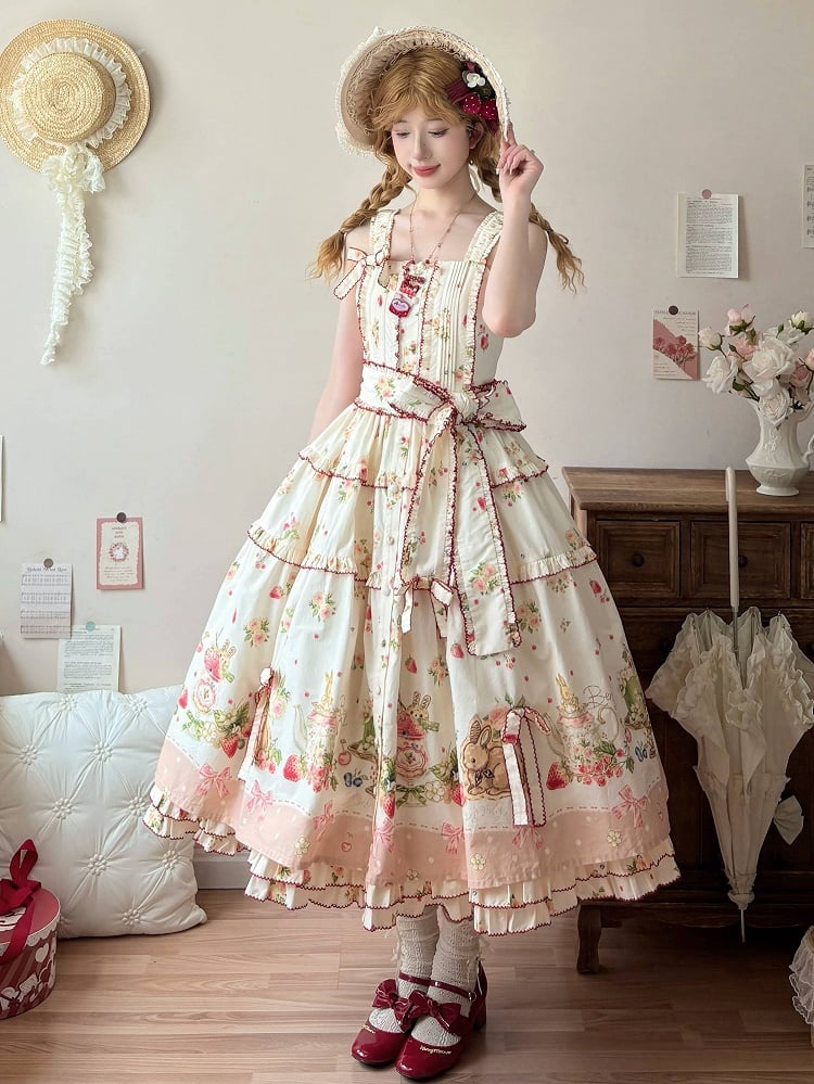Floral Pink Hemline Lolita Fashion Dress Bunny Print House Strawberry and