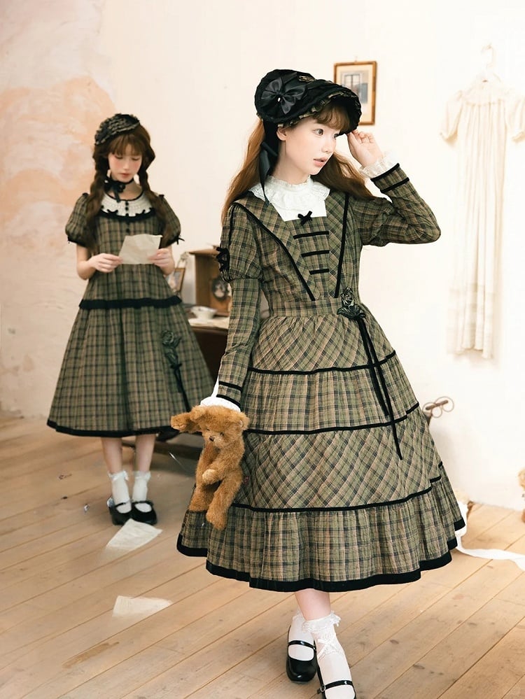 with Sleeves Elegant Classic Plaid Dress and Black Long Neckline Green Piping Lace Lolita