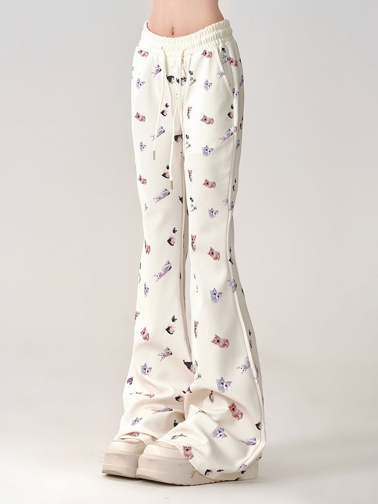 Beige Regular/Thicken Slim-Fit Flared Pants with Realistic Cat Prints and Elastic Waistband