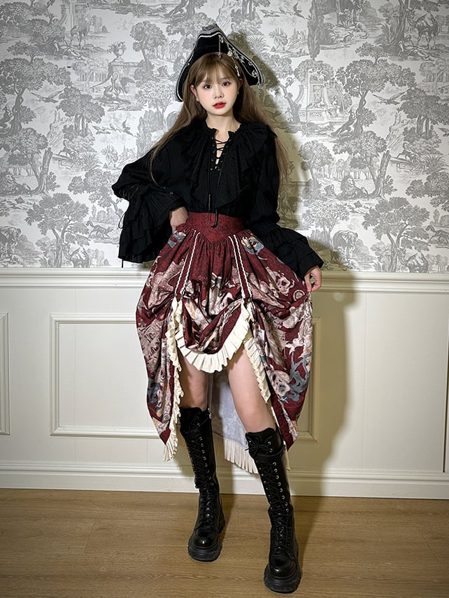 Red Pirate Corset Ship Waist Belt Print Skirt Lolita