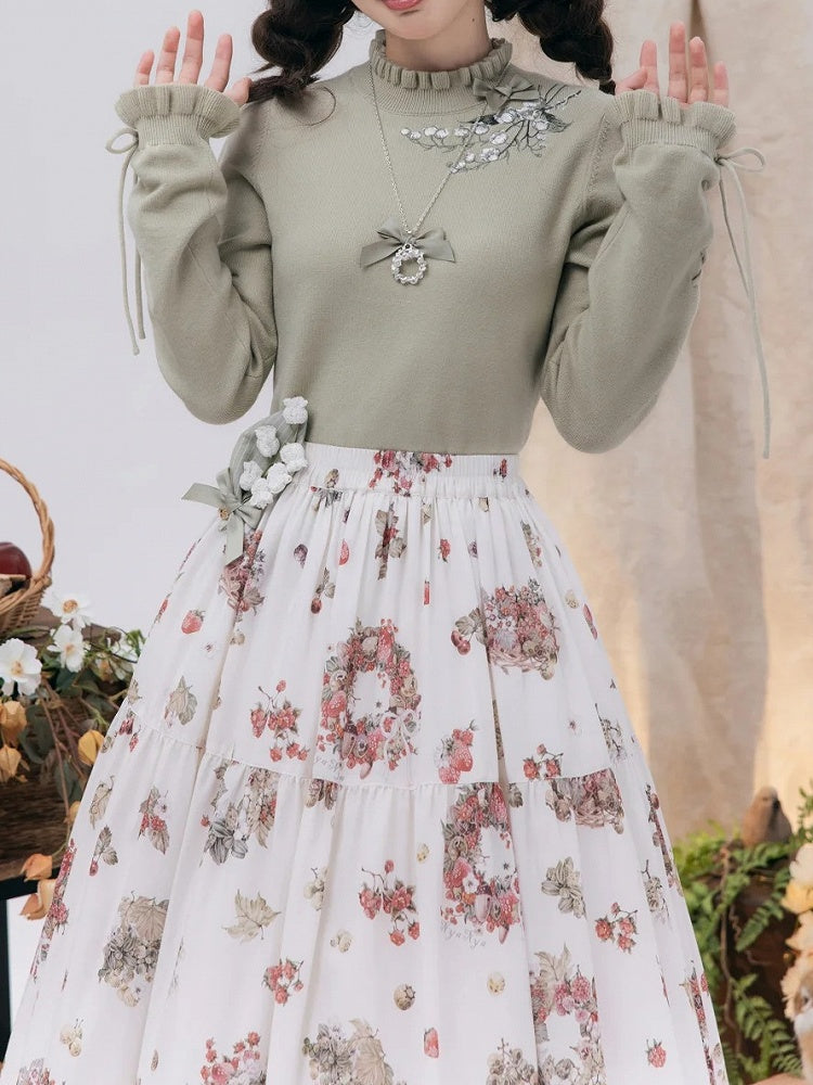 Lace-up Autumn Cuffs the Knit Lily Valley Green of Embroidery Top