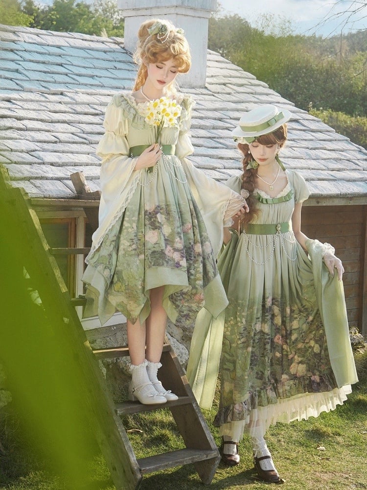 Hem JSK Set Painting Waist Print Handkerchief Lolita Roses Green Empire Oil
