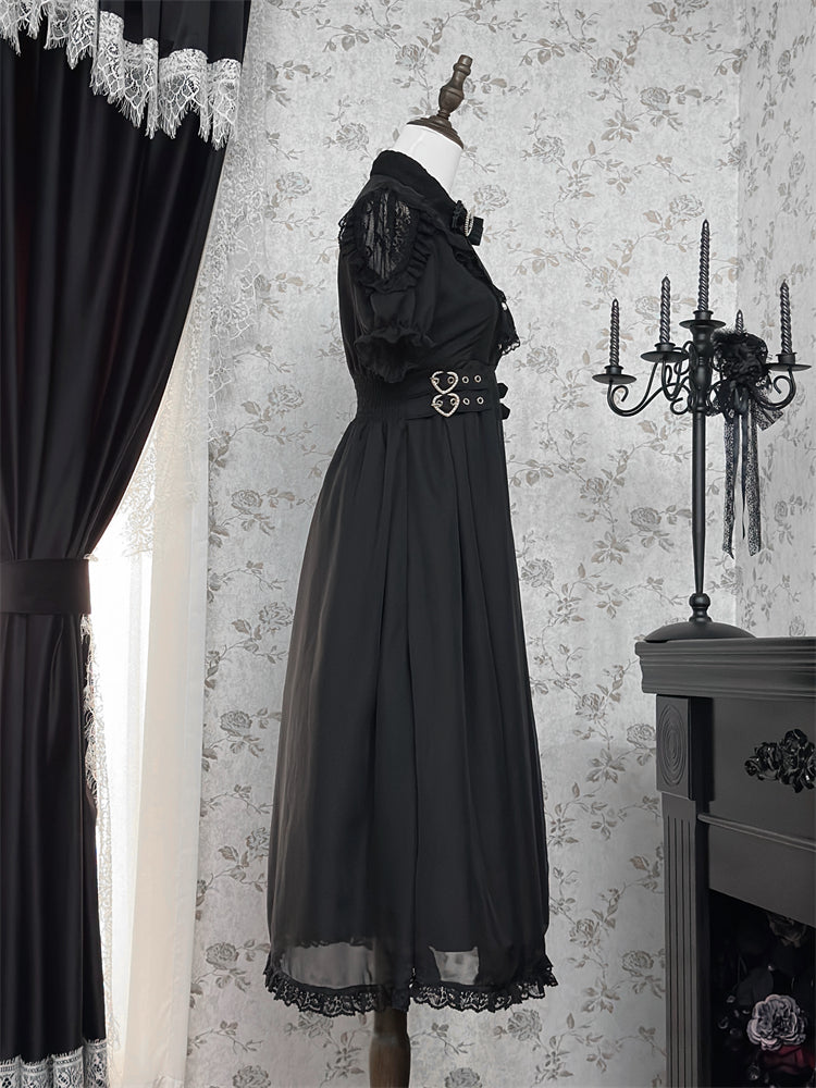 Saum Rüschen Stufenkleid Jirai Kei Schwarz Chiffon Herz Schnallen Taille
