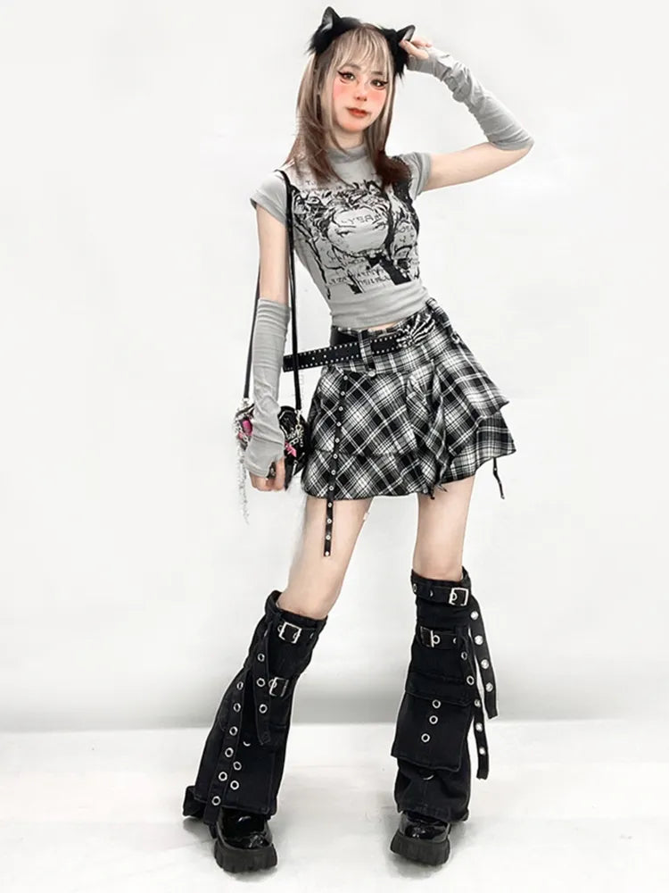 Straps Handkerchief Leg Black + Hem Buckle White Warmers Skirt Plaid