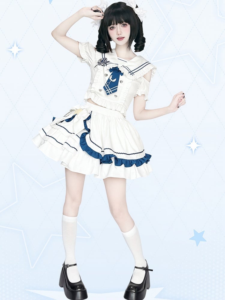 Shoulder Top Cutout Skirt White with Tiered and Sailor Collar
