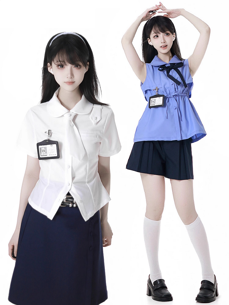 White Peter Pan Collar Short Sleeve Shirt Tie and Holder Card with