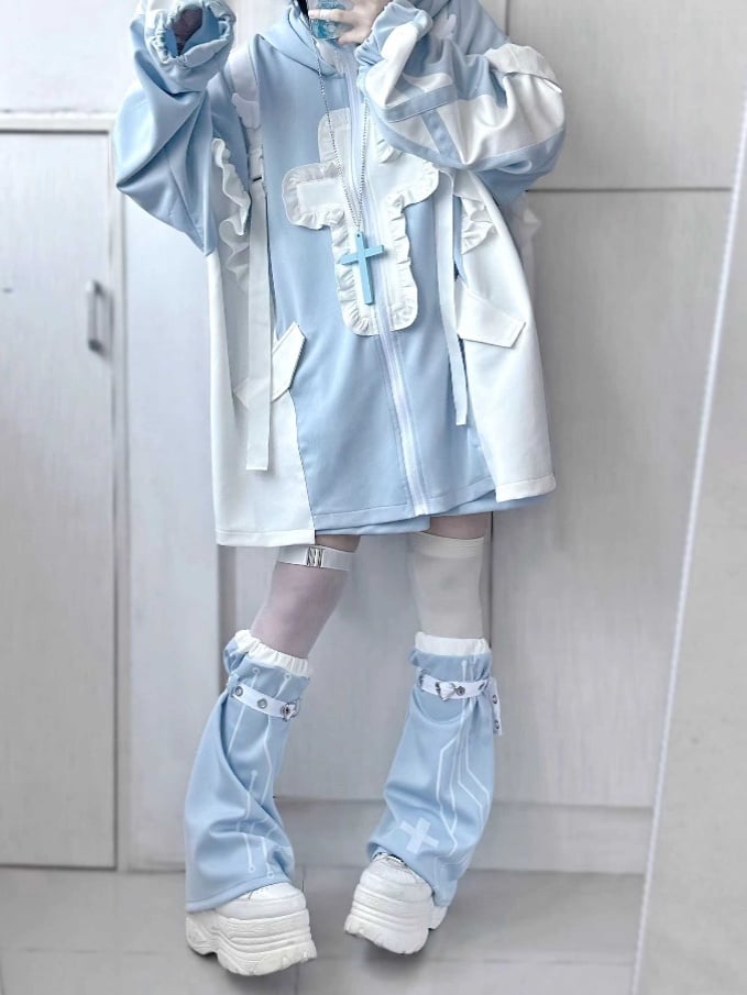 Tenshi Kaiwai Hellblau Yami Kawaii Kreuz Katzenohren Kapuzenpullover Shorts Beinwärmer Set