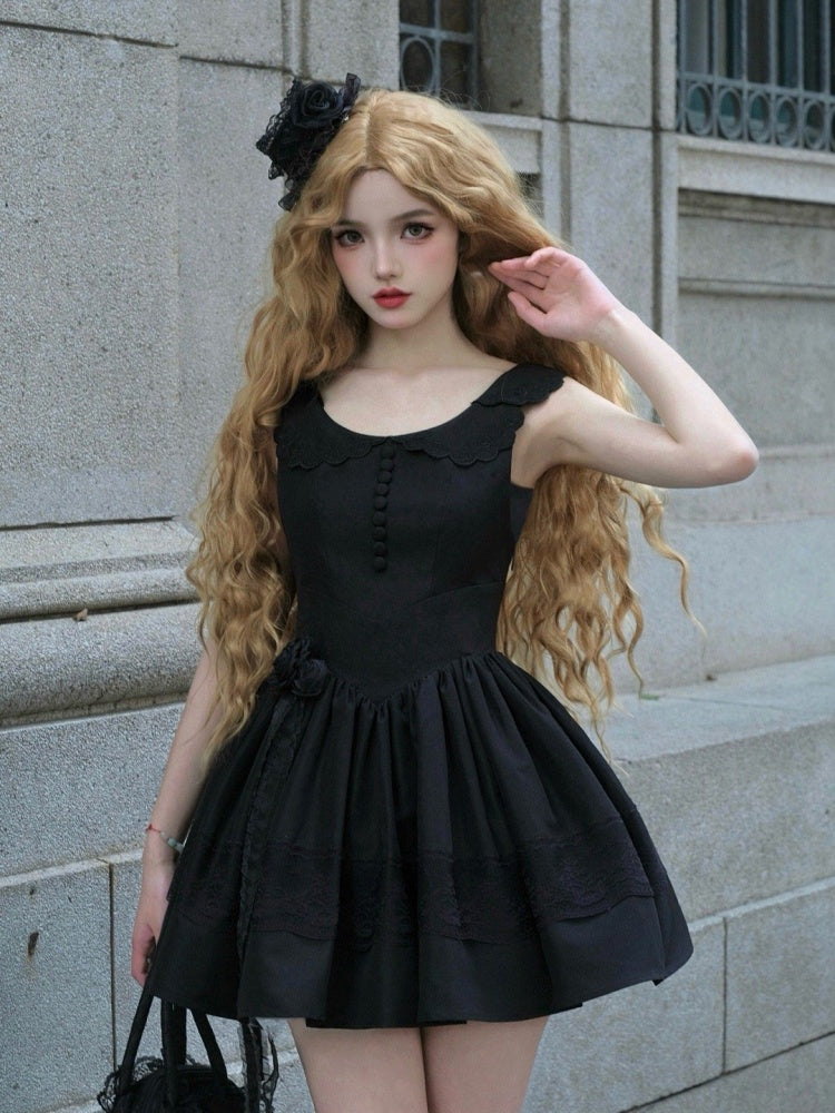 Schwarzer Lolita-Pulloverrock mit Rosetten-Basken-Taille
